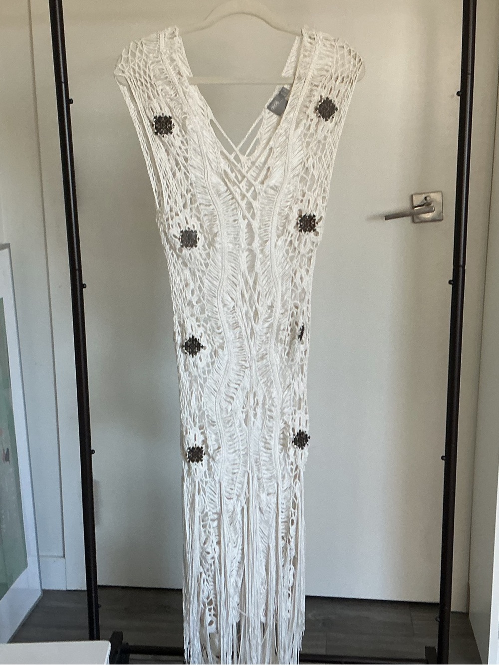 ASOS White Crochet Fringe Maxi Dress with Beaded Motifs